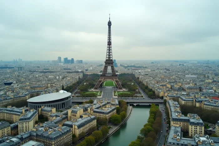 Vue aérienne de Paris montrant la Tour Eiffel et le Parc des Princes à l'horizon