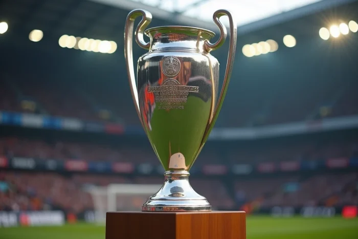Trophée du championnat de Ligue 1 posé sur un socle en bois dans un stade en arrière-plan flou