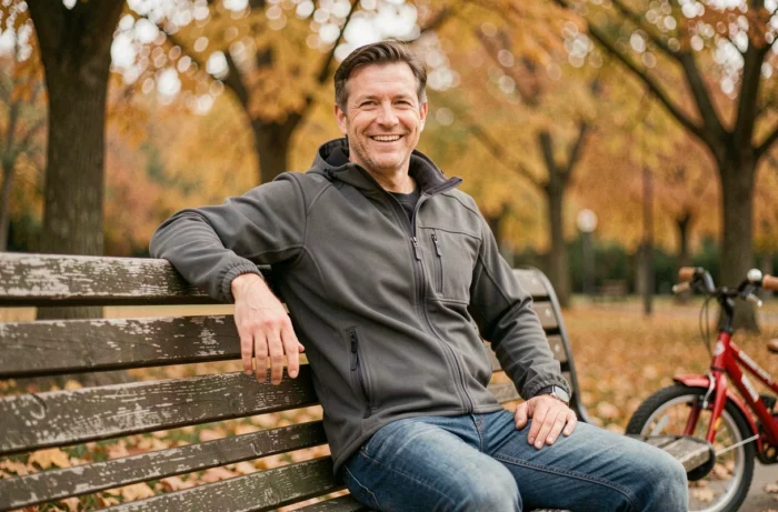 Homme souriant assis sur un banc dans un parc en automne, évoquant une vie de famille discrète et apaisée