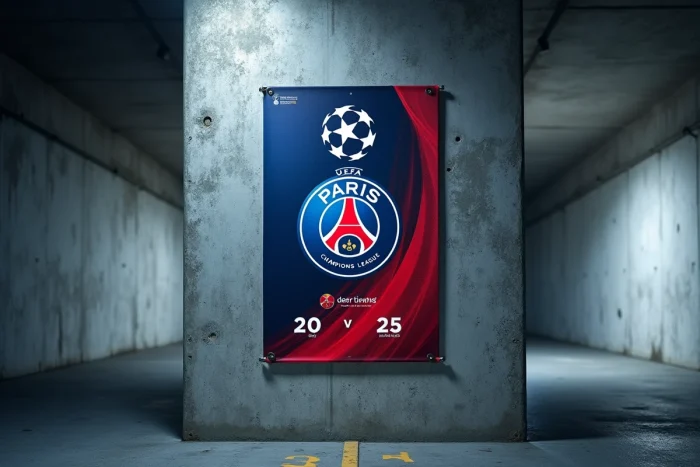 Affiche visuelle Ligue des Champions du PSG affichée dans un tunnel de stade en béton